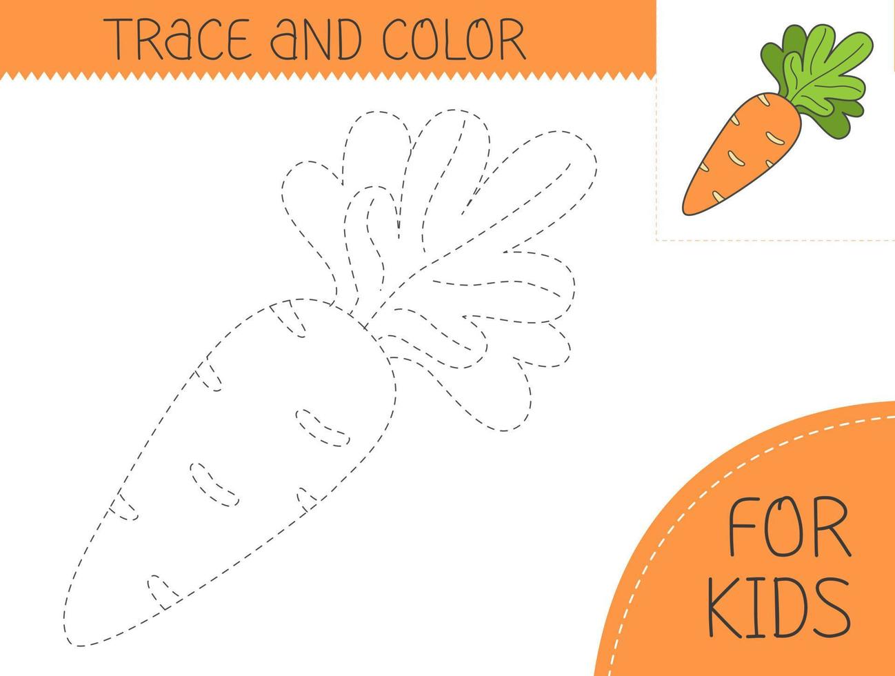 Trace and color coloring book with carrot for kids. Coloring page with cartoon carrot. Vector illustration for kids.