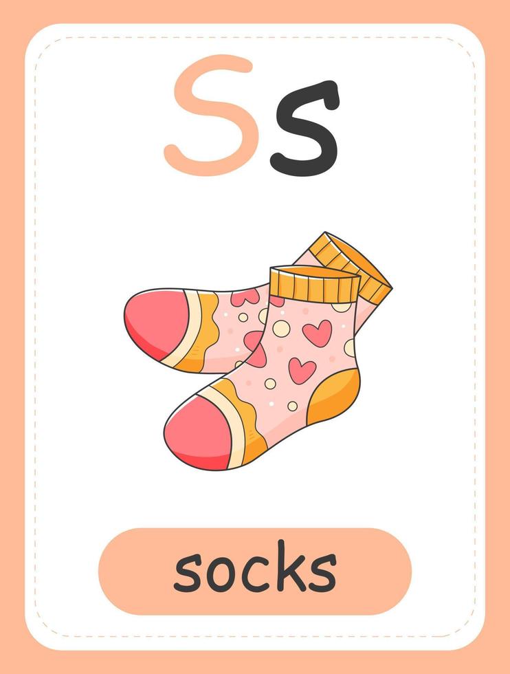 Alphabet card for children with the letter S and socks. Educational card for kids. The word socks, the English alphabet. Vector illustration.