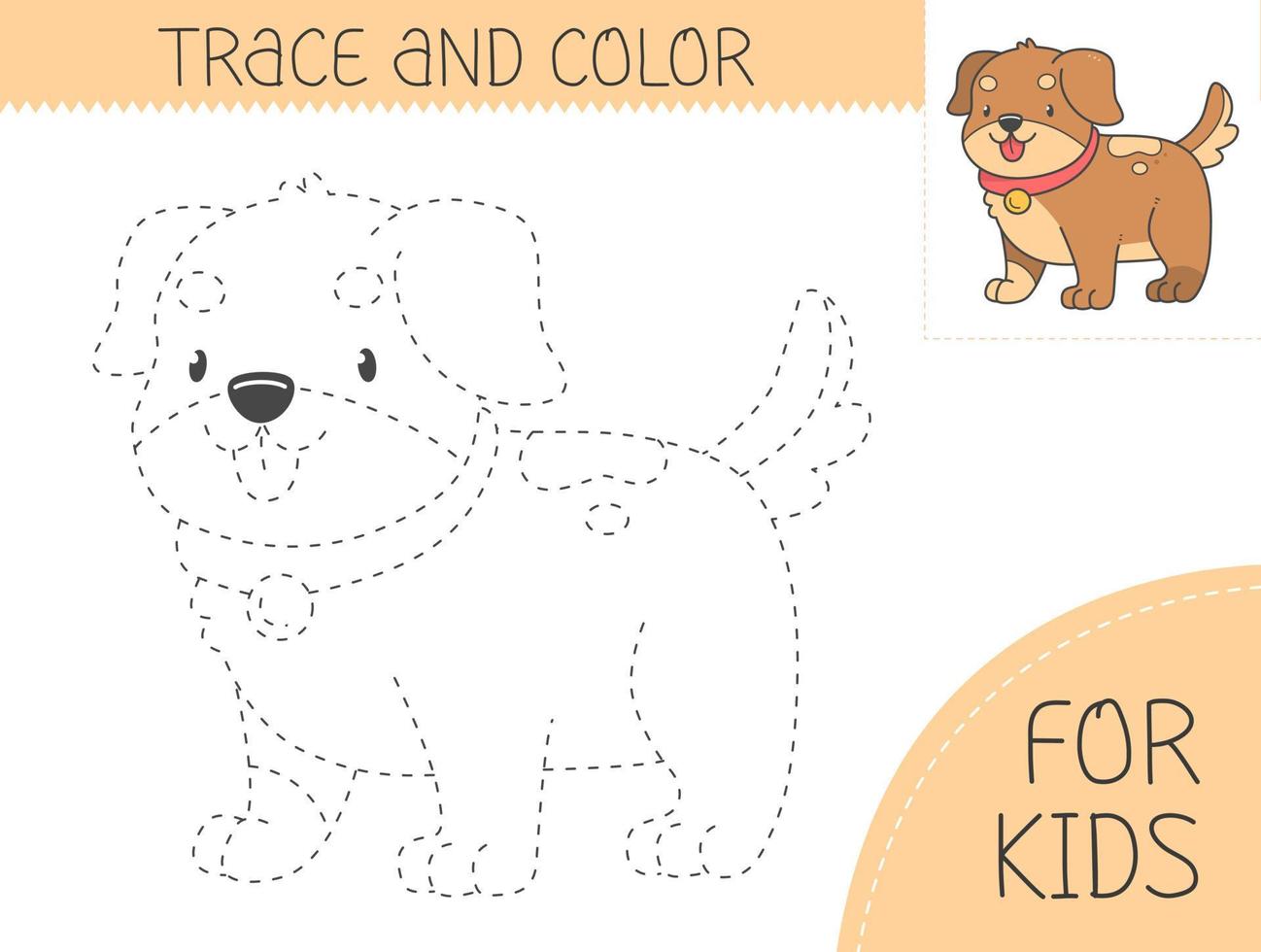 Trace and color coloring book with dog for kids. Coloring page with cartoon puppy. Vector illustration for kids.