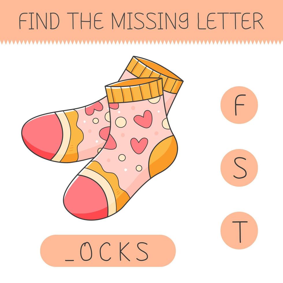 Find the missing letter is an educational game for kids with socks. Cute cartoon socks. Practicing English alphabet. Vector illustration.