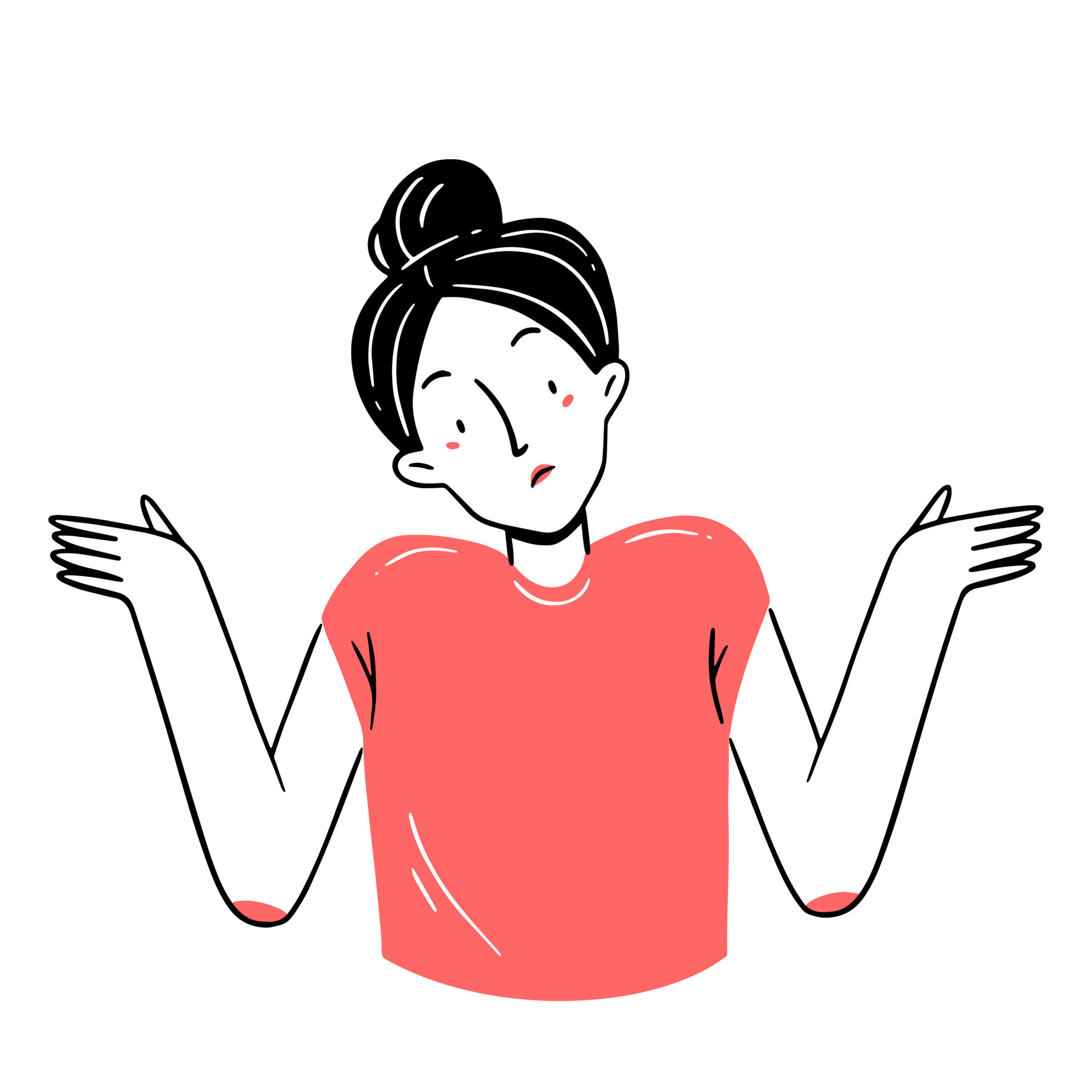 The doodlestyle woman shrugs. Woman shrugging with a curious