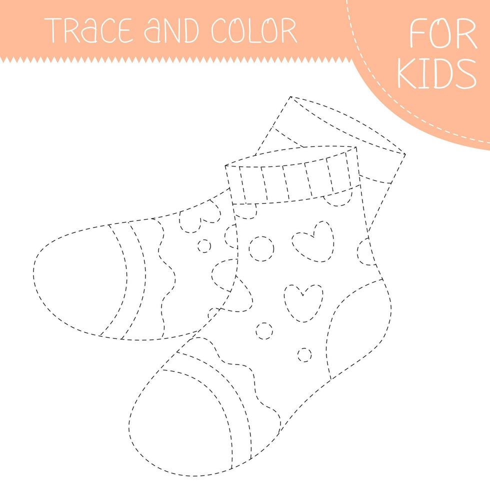 Trace and color coloring book with socks for kids. Coloring page with cartoon socks. Vector square illustration.