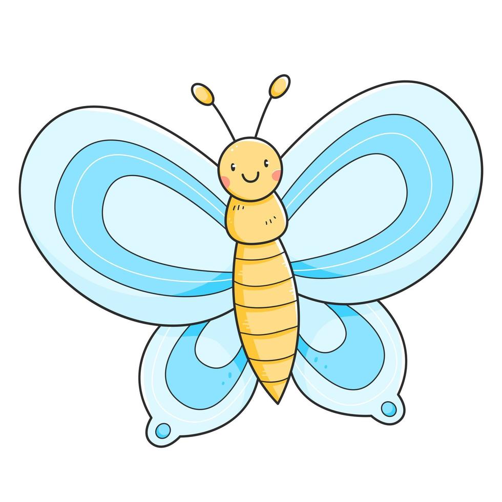 Blue butterfly in a cute doodle style. Butterfly character isolated on a white background. Vector illustration.