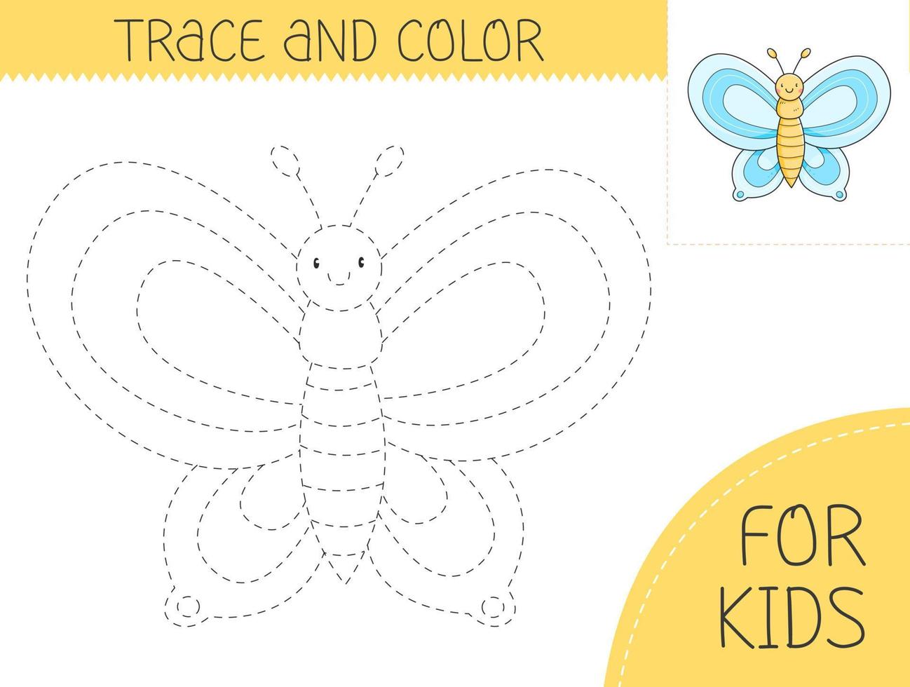 Trace and color coloring book with butterfly for kids. Coloring page with cartoon butterfly. Vector illustration for kids.