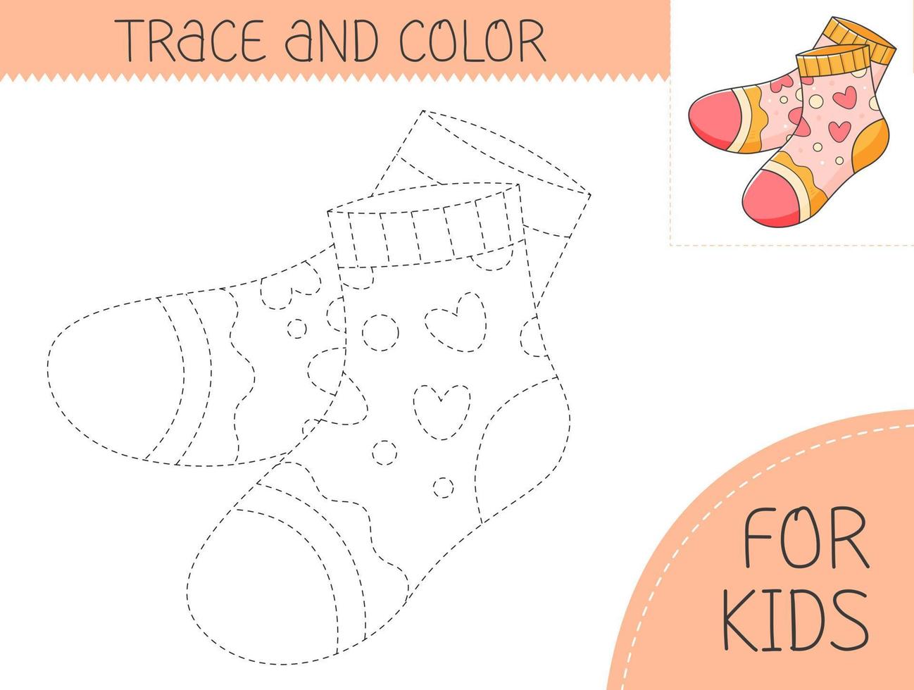 rastro y color colorante libro con calcetines para niños. colorante página con dibujos animados medias. vector ilustración para niños.