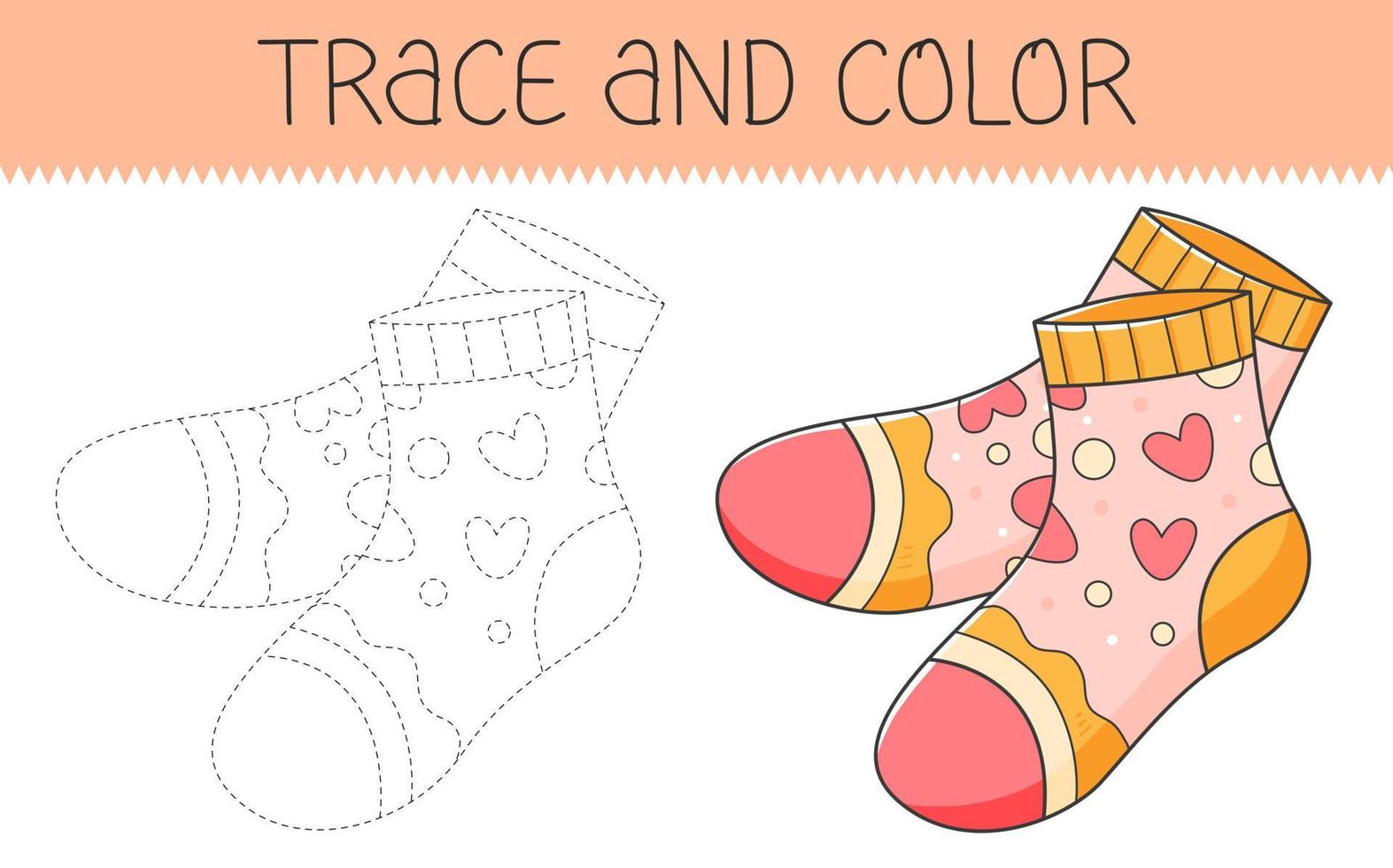 Trace and color coloring book with socks for kids. Coloring page with cartoon socks. Vector illustration.