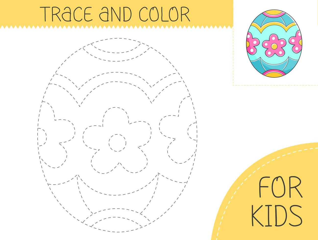 Trace and color coloring book with easter egg for kids. Coloring page with cartoon easter egg. Vector holiday illustration for kids.