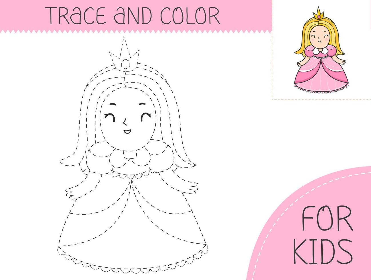 Trace and color coloring book with princess for kids. Coloring page with cartoon princess. Vector illustration for kids.