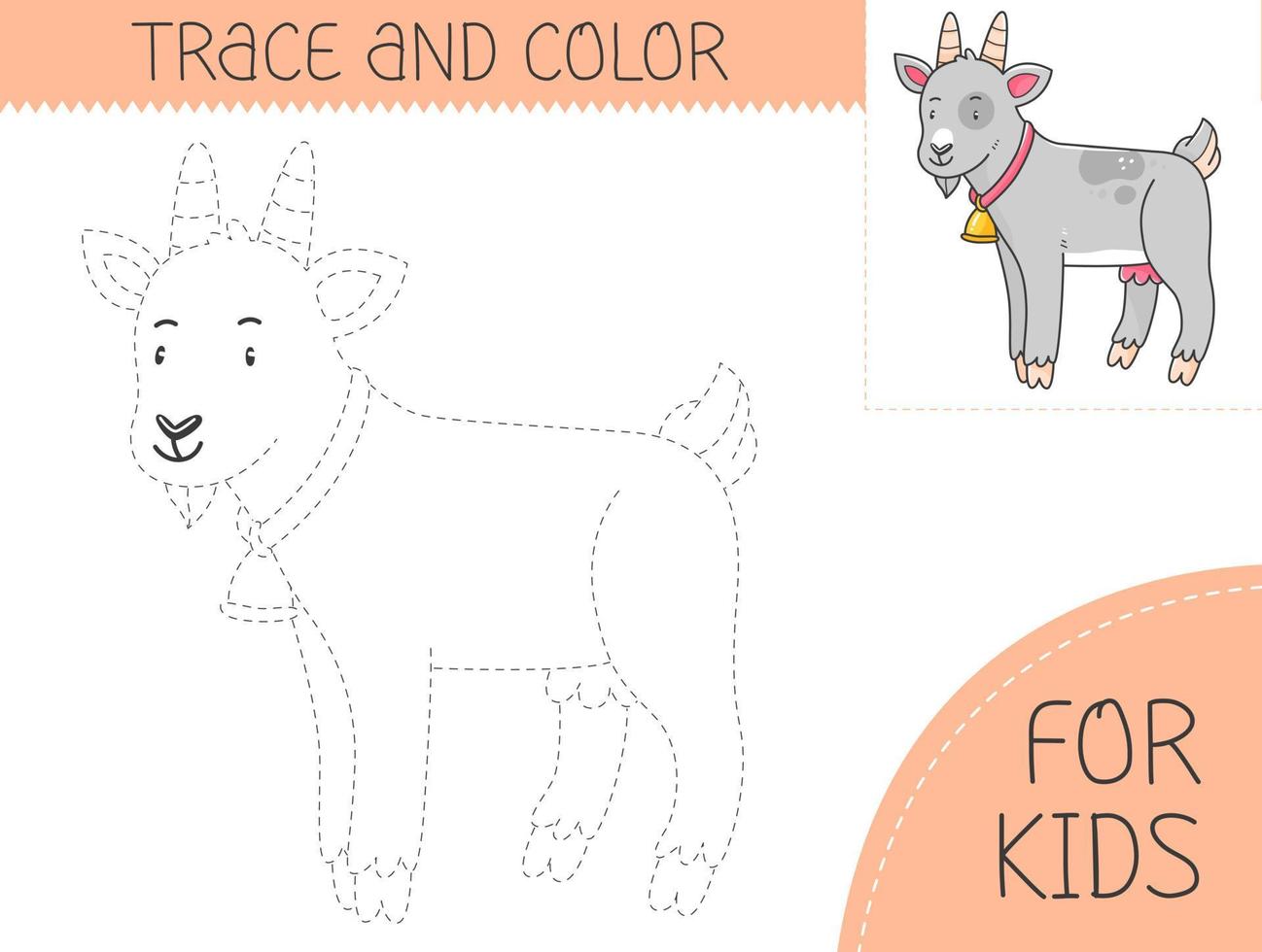 Trace and color coloring book with goat for kids. Coloring page with cartoon goat. Vector illustration for kids.