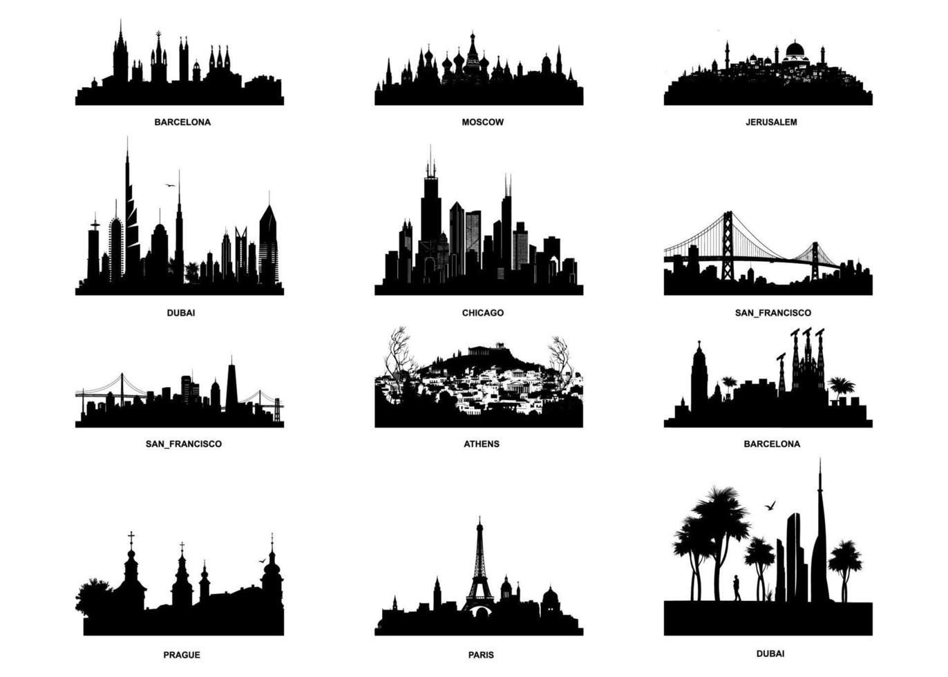 Vector silhouettes of the worlds city skylines.