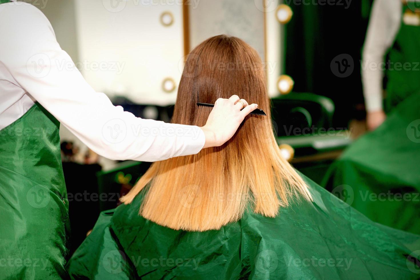 Hairdresser combing long hair of client photo