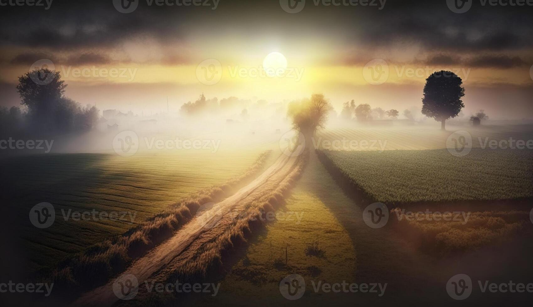 , Morning farm landscape with sun, agricultural fields in fog, beautiful countryside, country road. Nature Illustration, photorealistic top view drone, horizontal banner. photo