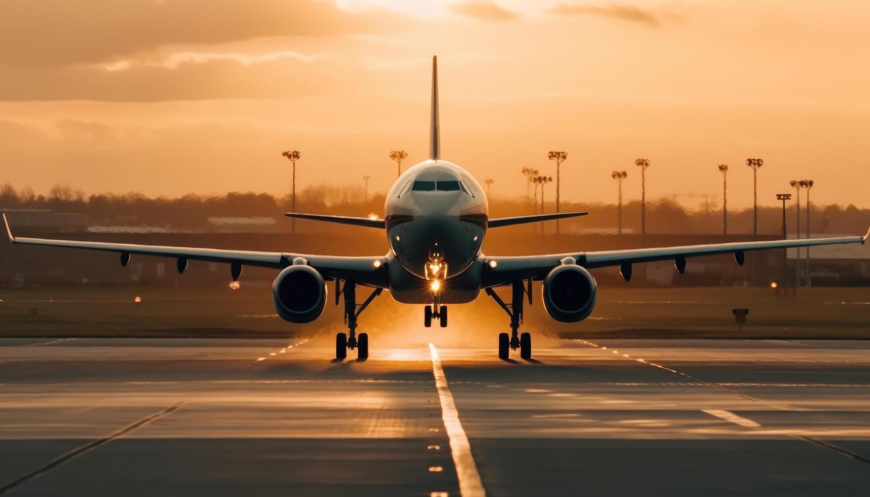 Close-up shot of the plane landing on the runway. photo