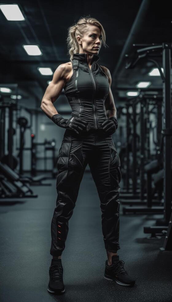 Muscular bodybuilder female athlete demonstrates her body in the gym. photo