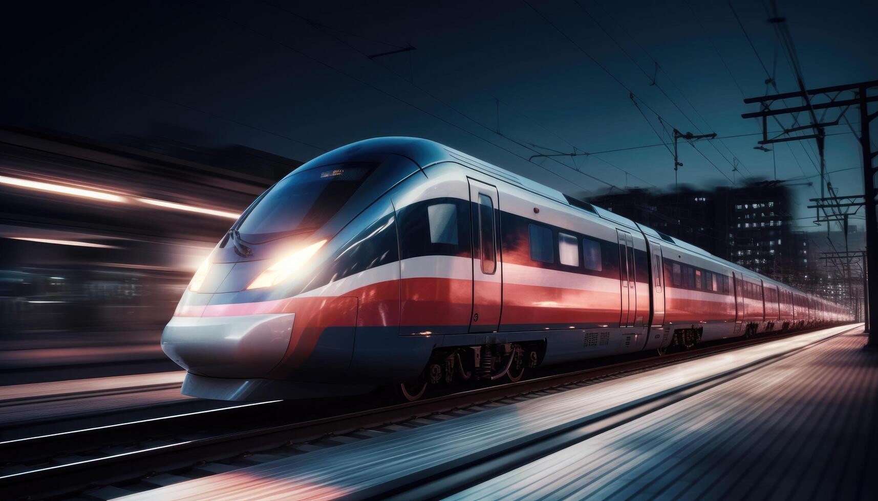 foto de moderno alto velocidad tren paso mediante el ciudad a noche. generativo ai