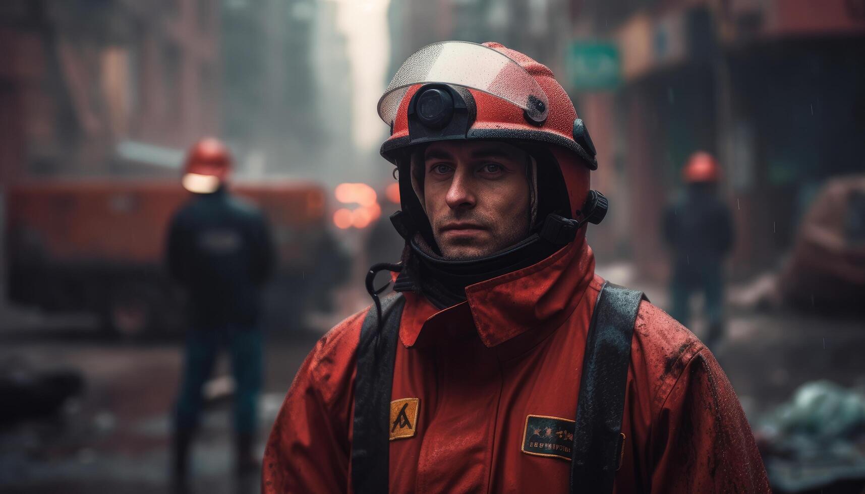 Firefighter standing in a dangerous city. photo