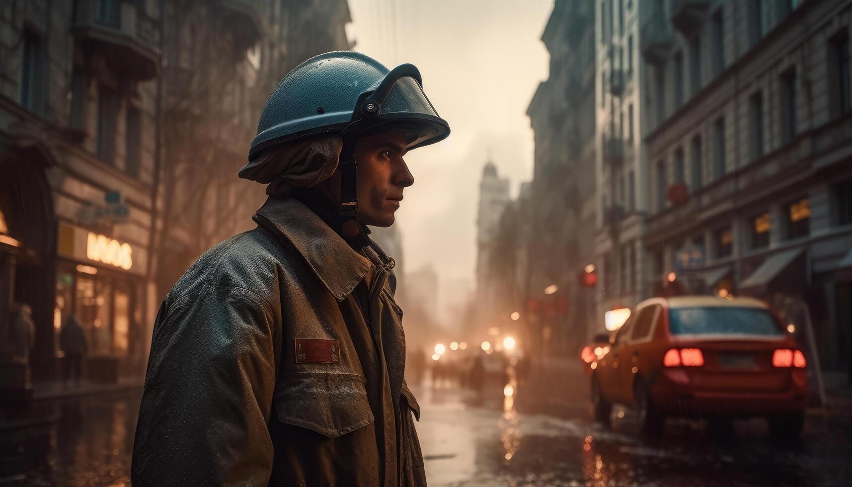 Firefighter standing in a dangerous city. photo