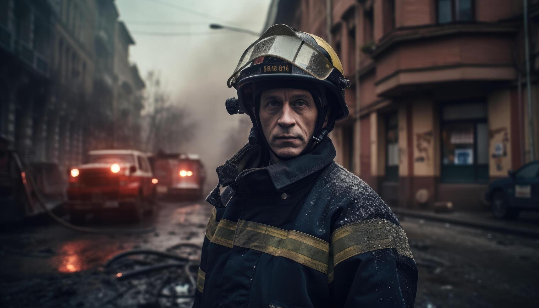 Firefighter standing in a dangerous city. photo