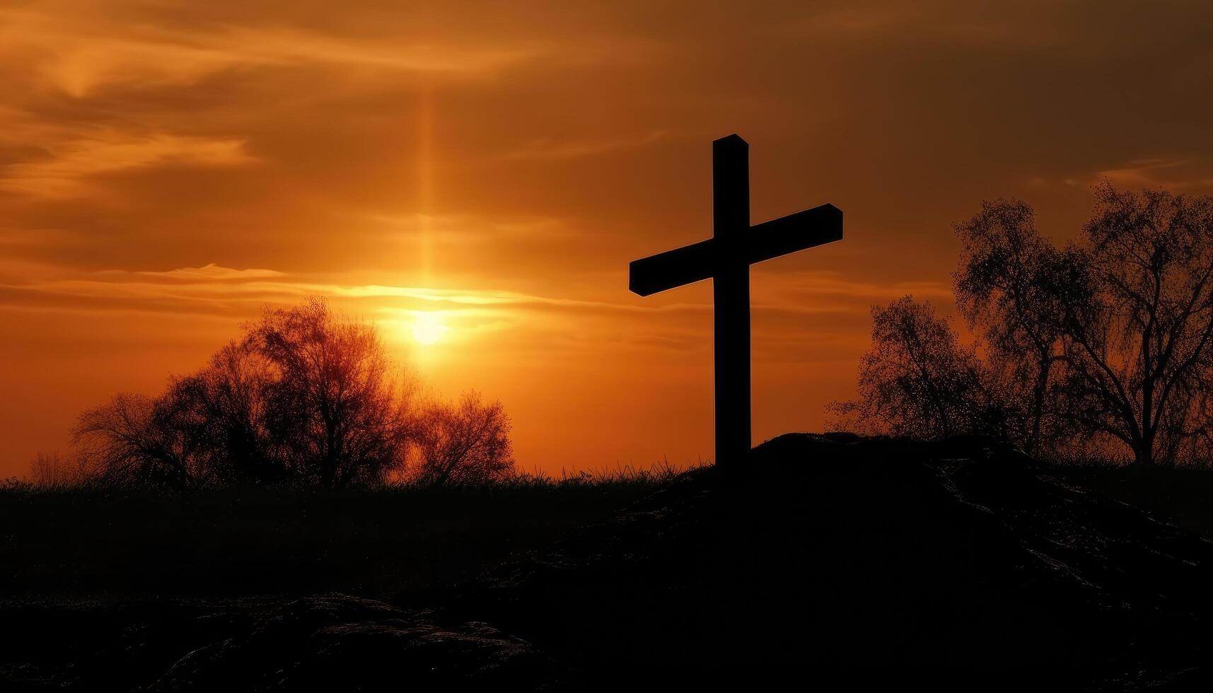 Good friday theme with cross silhouette on golden sunset sky. photo