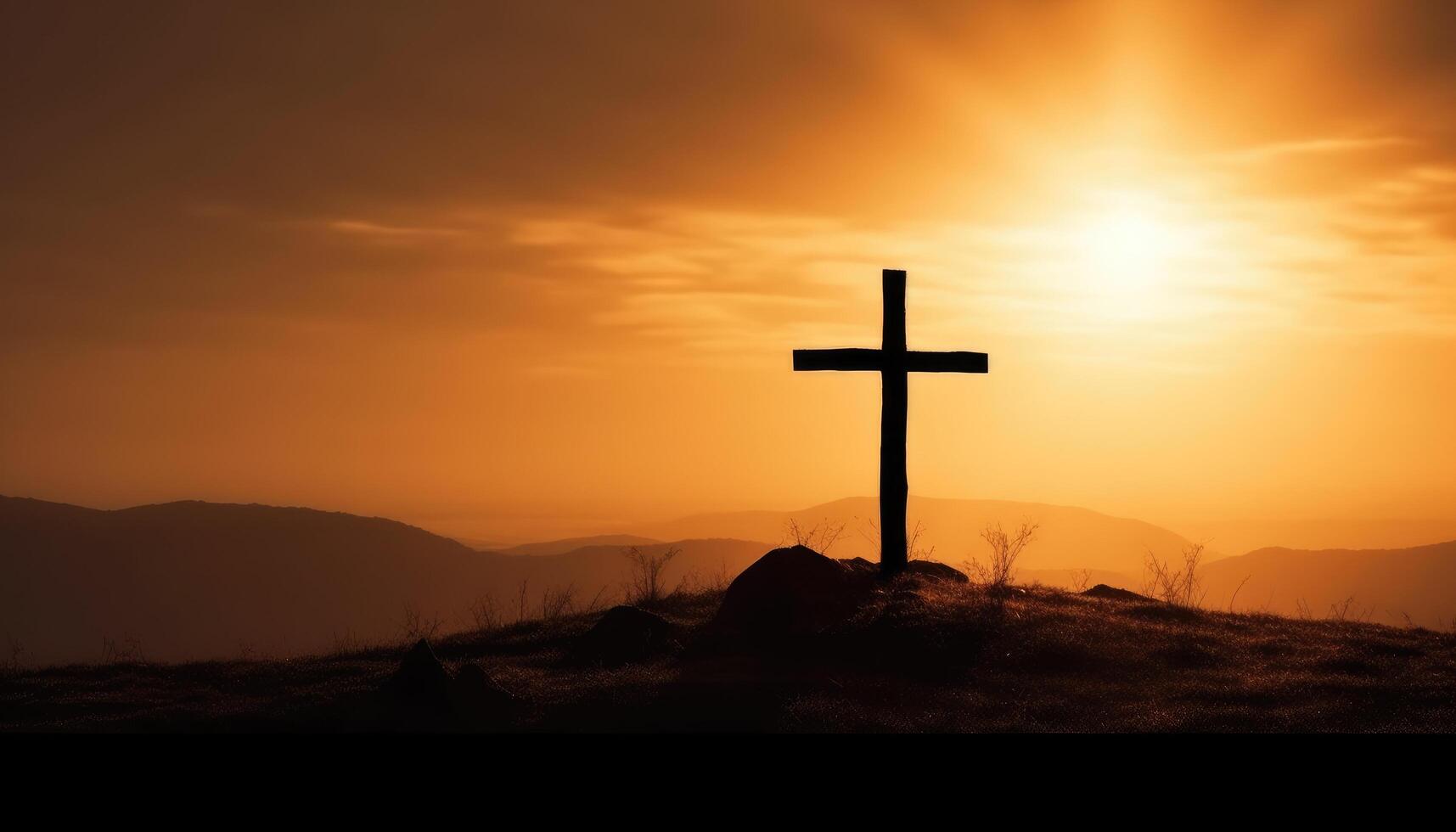 Good friday theme with cross silhouette on golden sunset sky. photo
