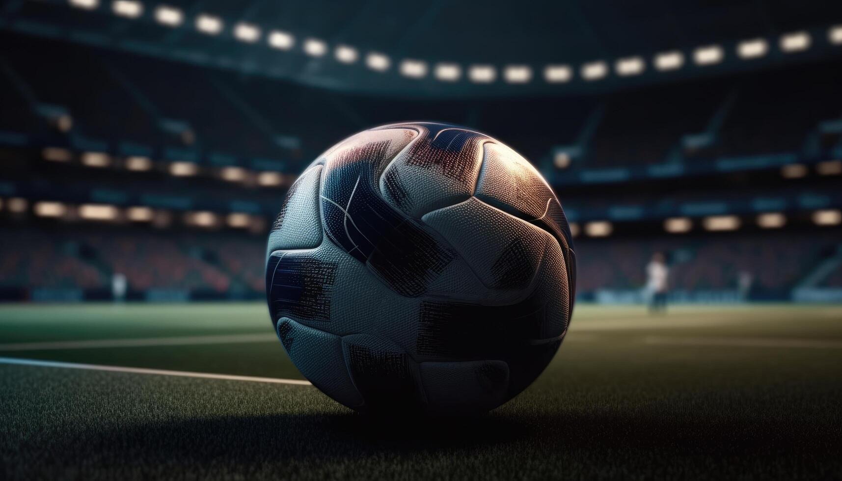 Soccer ball standing in the middle of the soccer field under the evening spotlights. photo