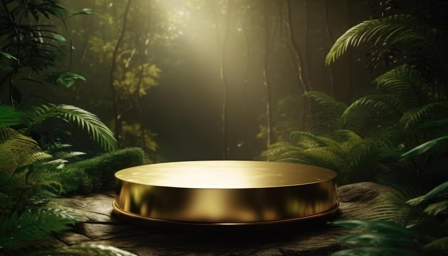 Golden podium in tropical jungle for product promotion and presentation. photo