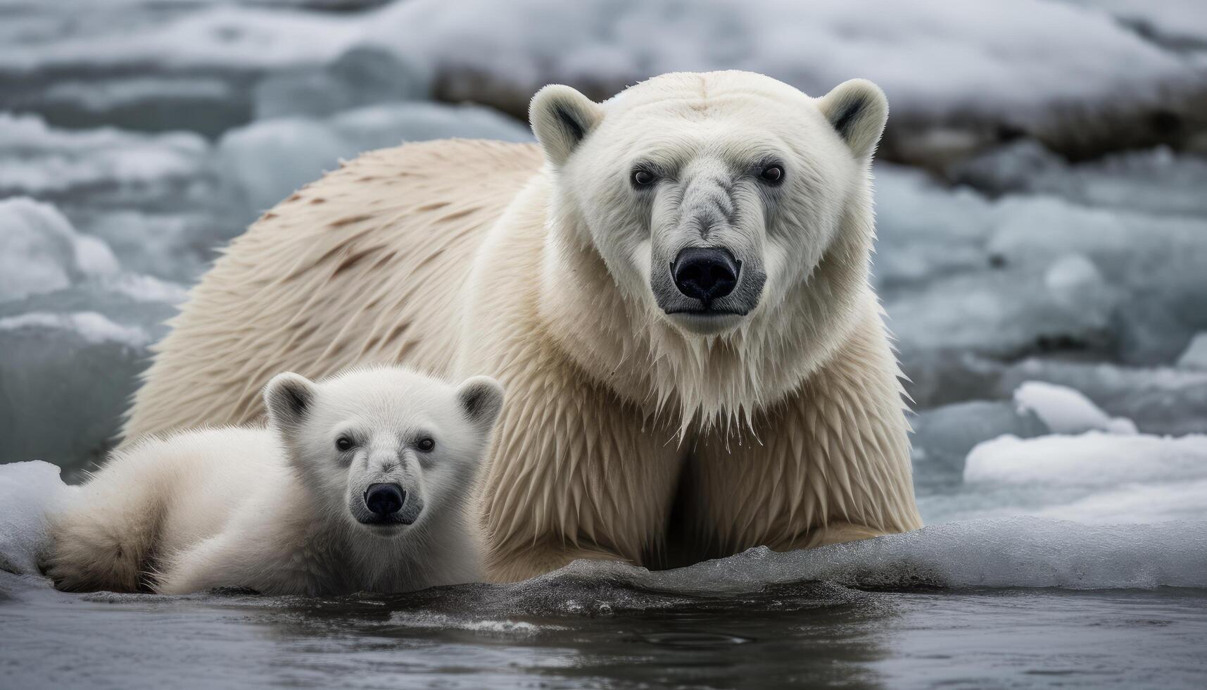 fotografía de un polar oso y sus cachorro, cuales estaba izquierda en el medio de el glaciares como el hielo Derretido. generativo ai foto