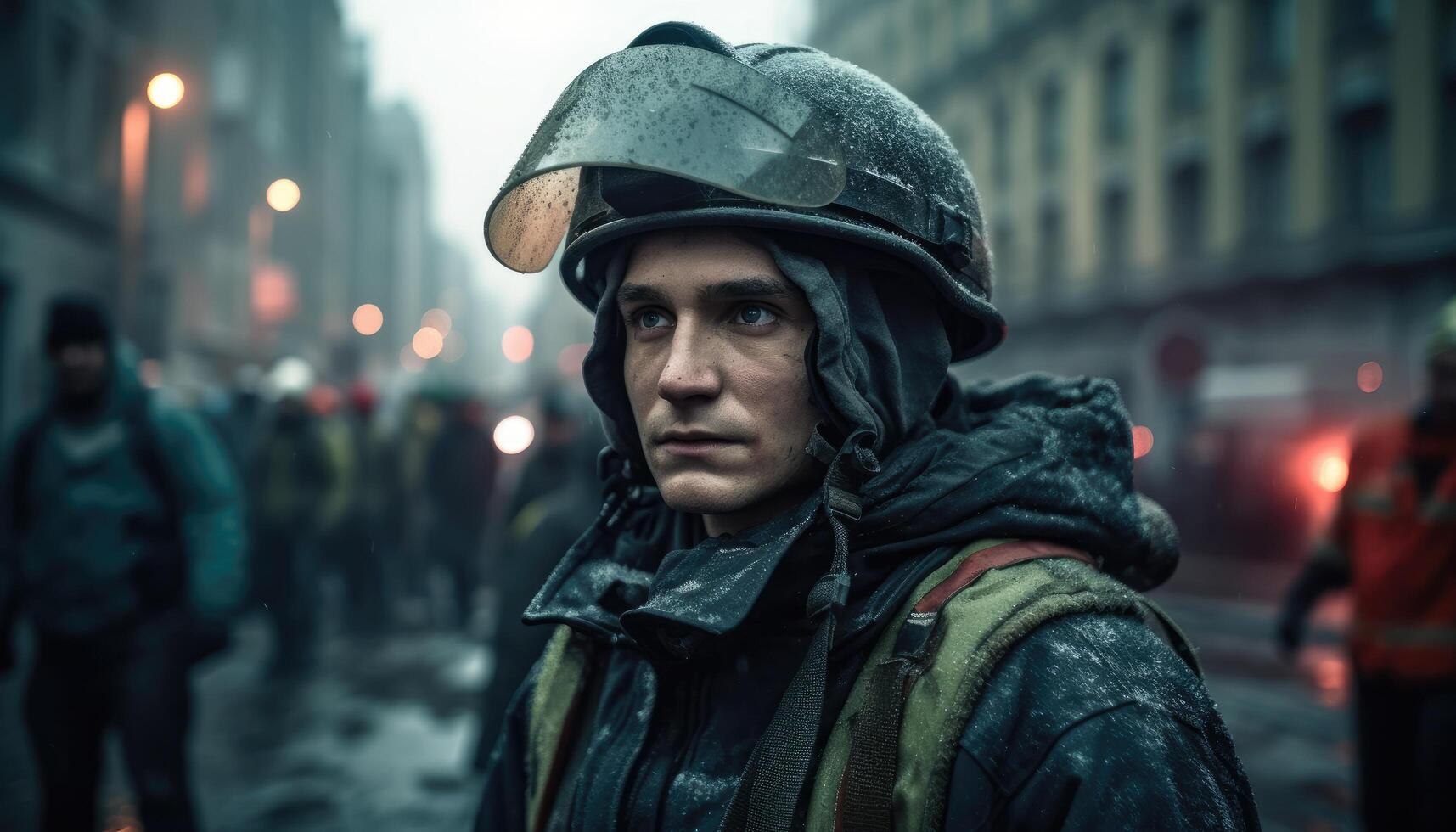 Firefighter standing in a dangerous city. photo