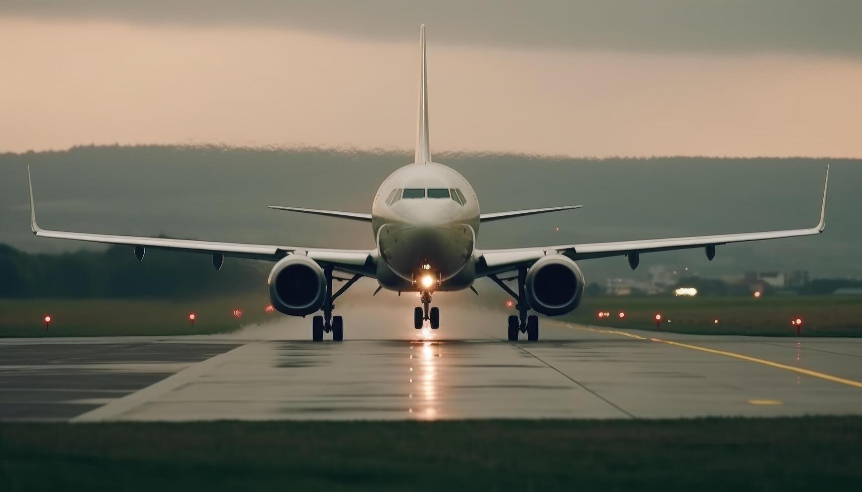 Close-up shot of the plane landing on the runway. photo