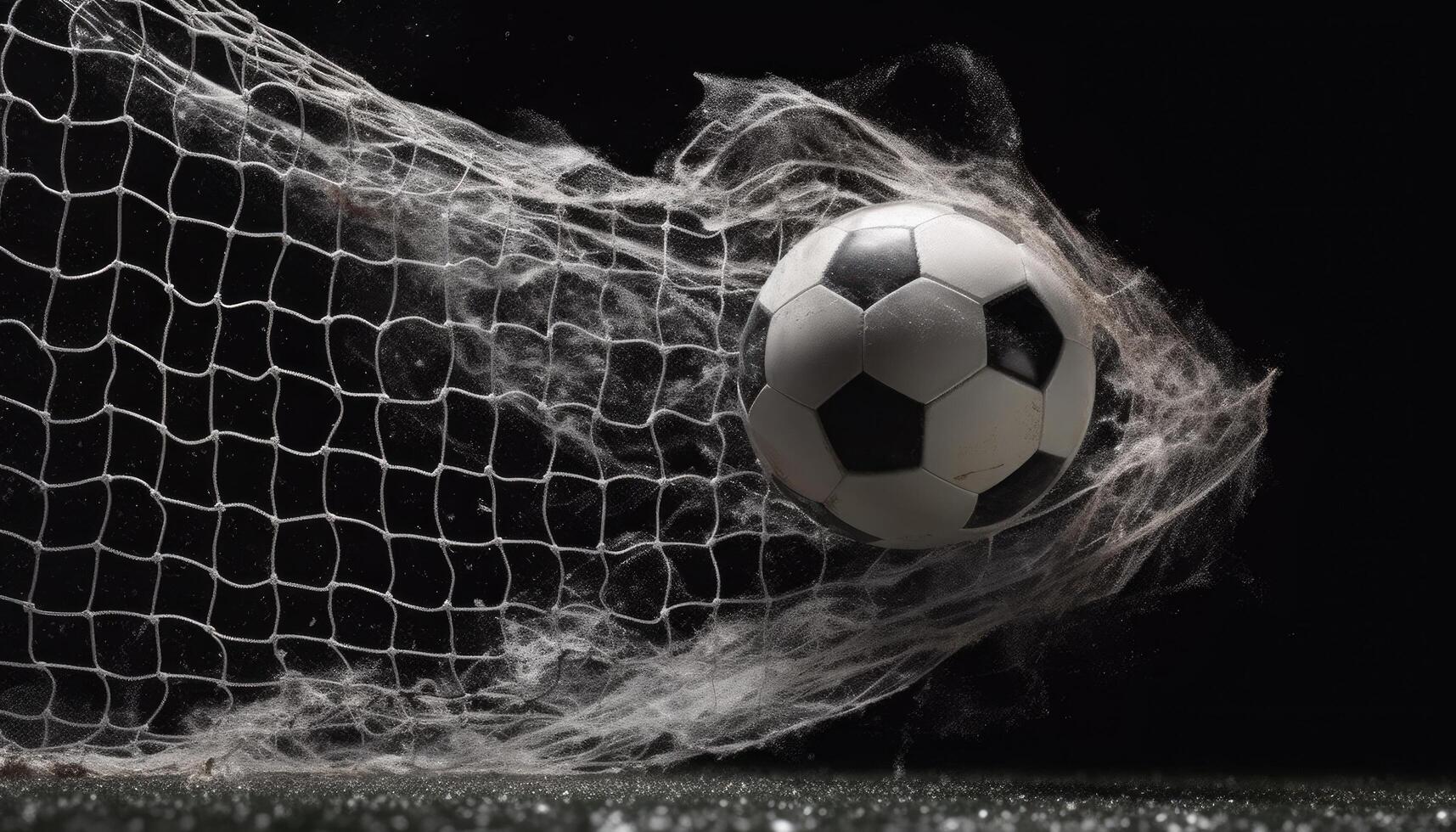 The soccer ball is flying fast, tearing the nets of the goal. photo