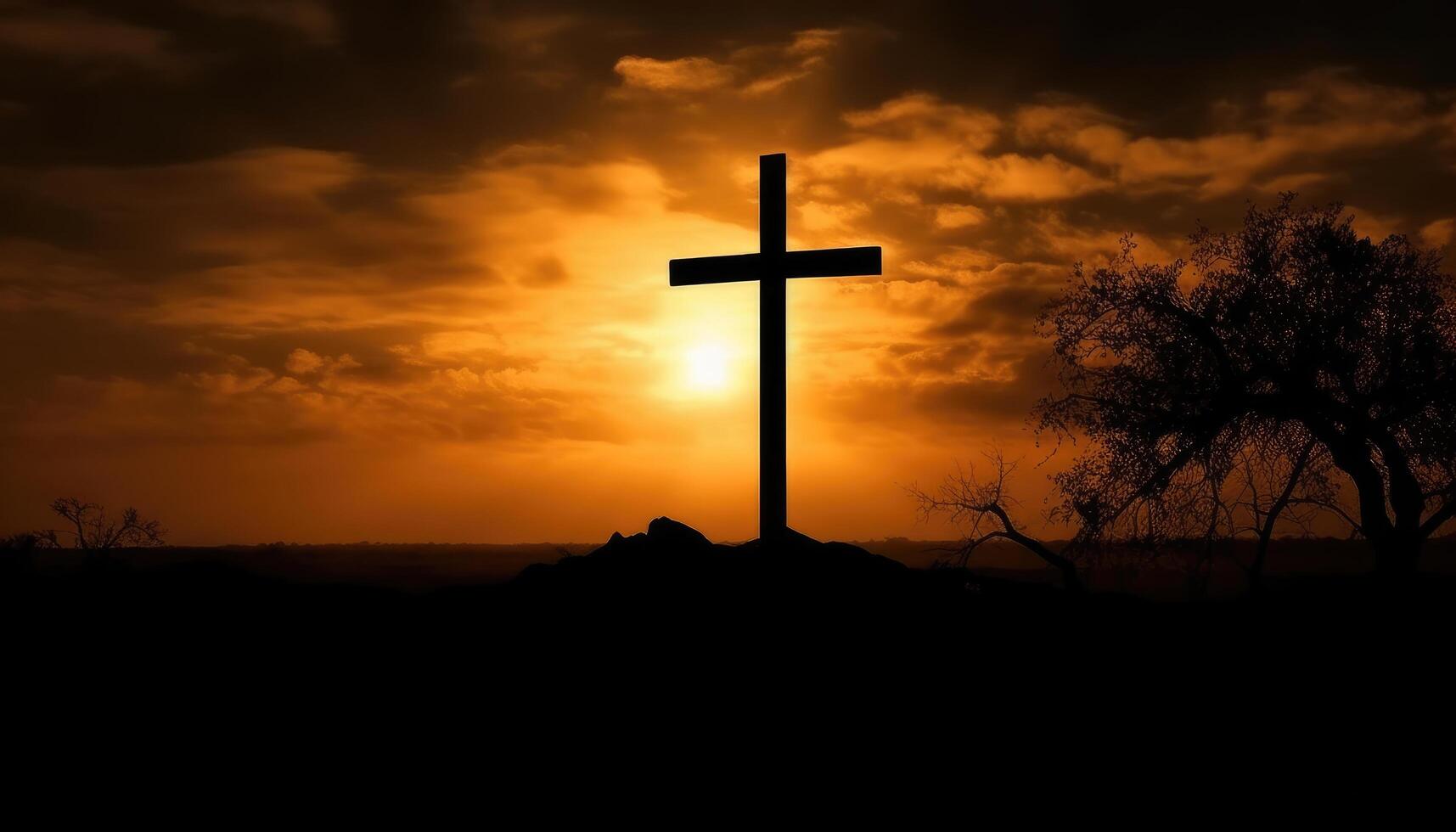 Good friday theme with cross silhouette on golden sunset sky. photo