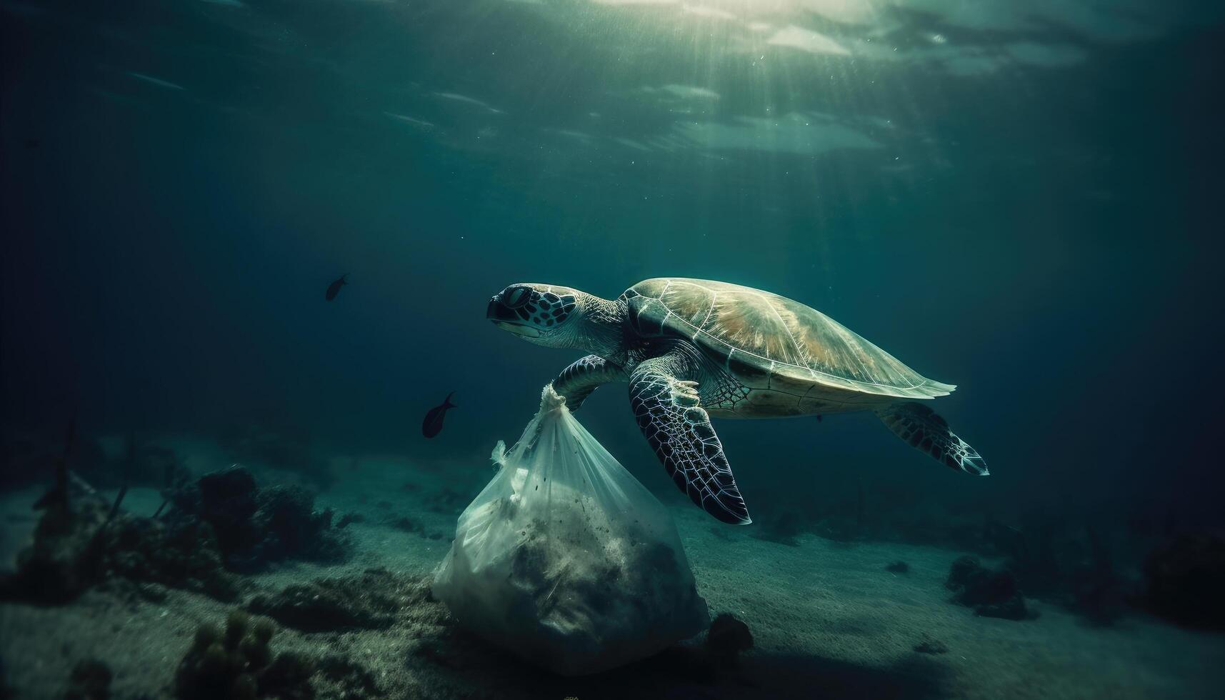 Under the ocean, a photo with garbage, caretta caretta and fish. Environmental pollution concept.