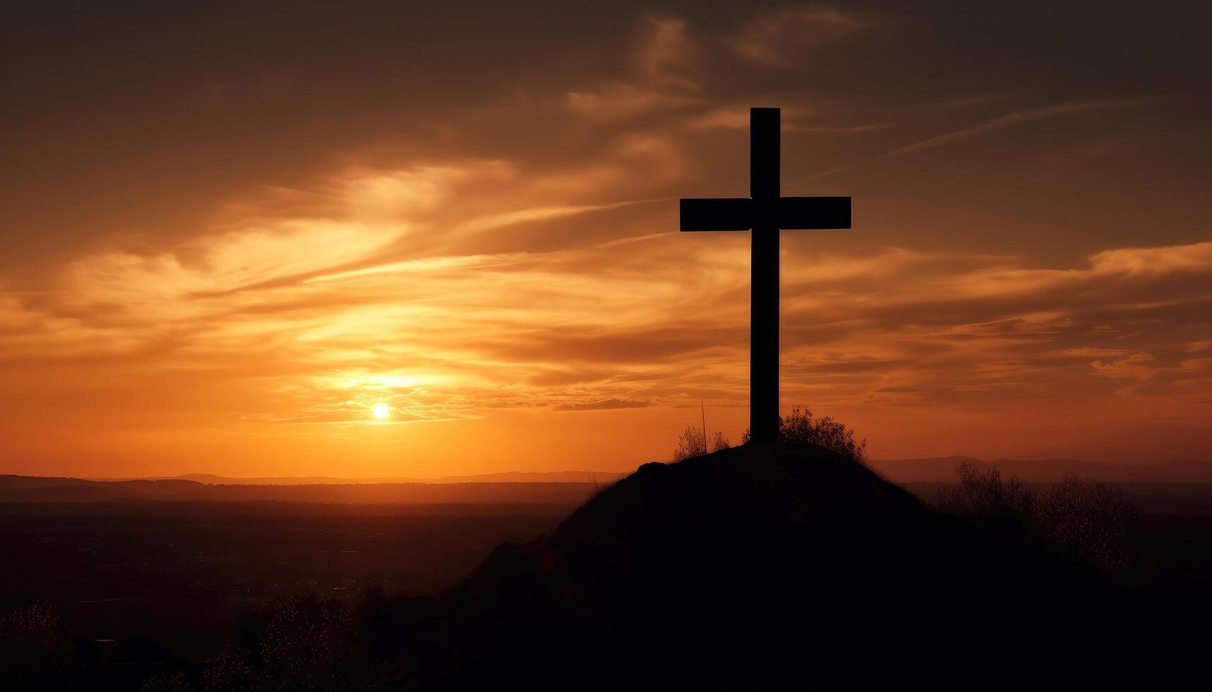 Good friday theme with cross silhouette on golden sunset sky. photo