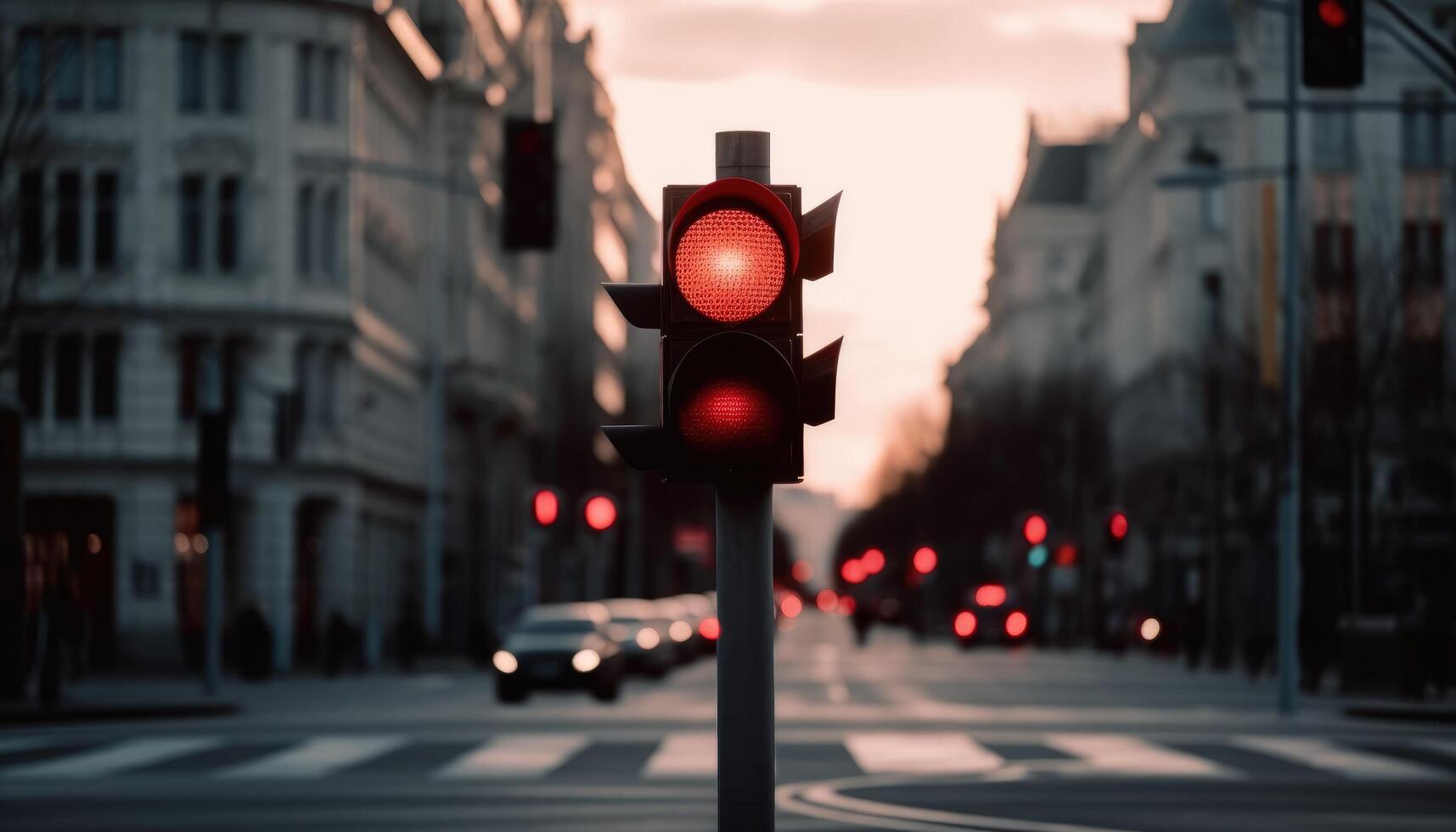 ciudad peatonal cruce con un rojo luz, desenfocado y borroso calle antecedentes. generativo ai foto