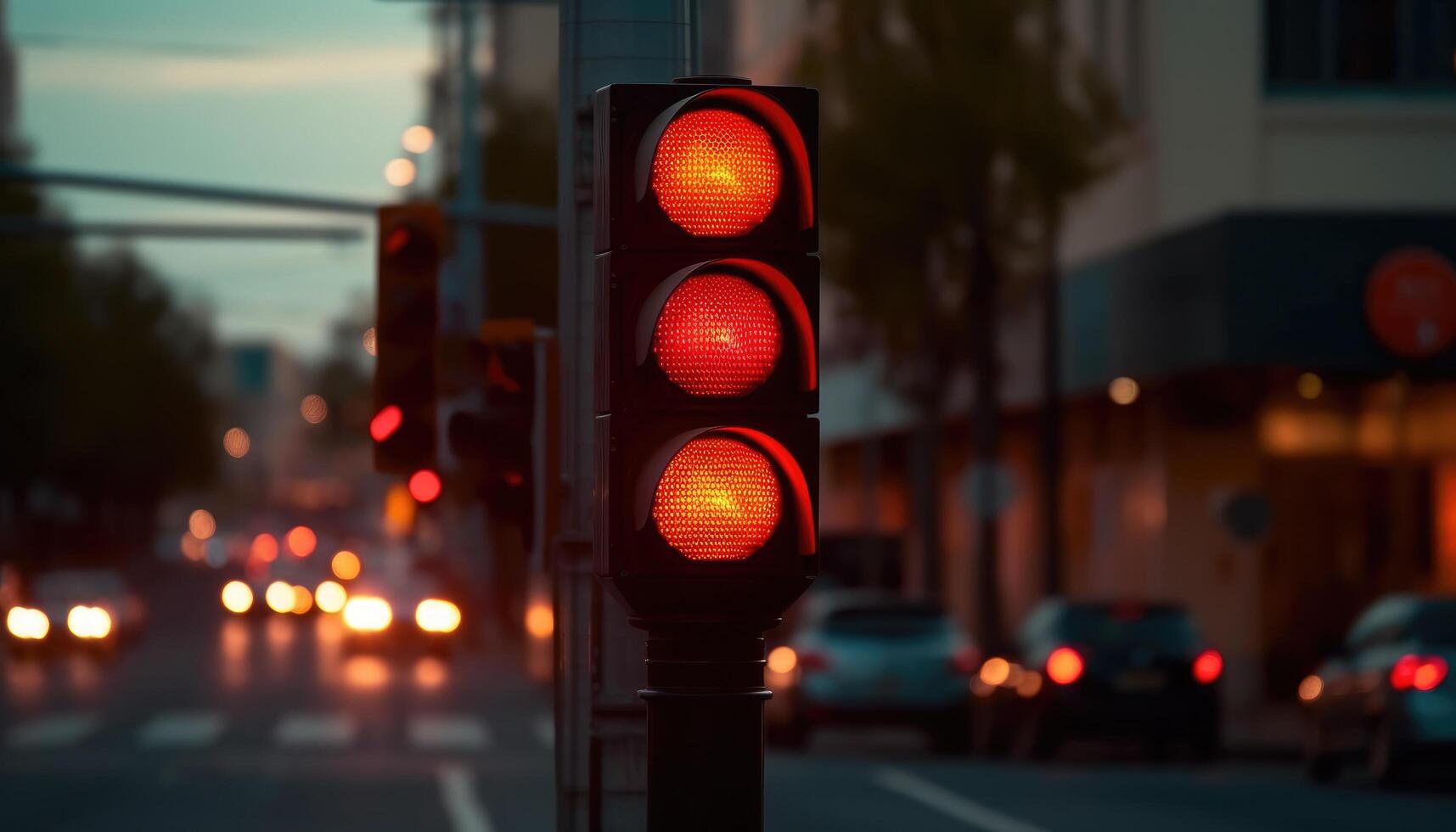 City pedestrian crossing with a red light, defocussed and blurred street background. photo