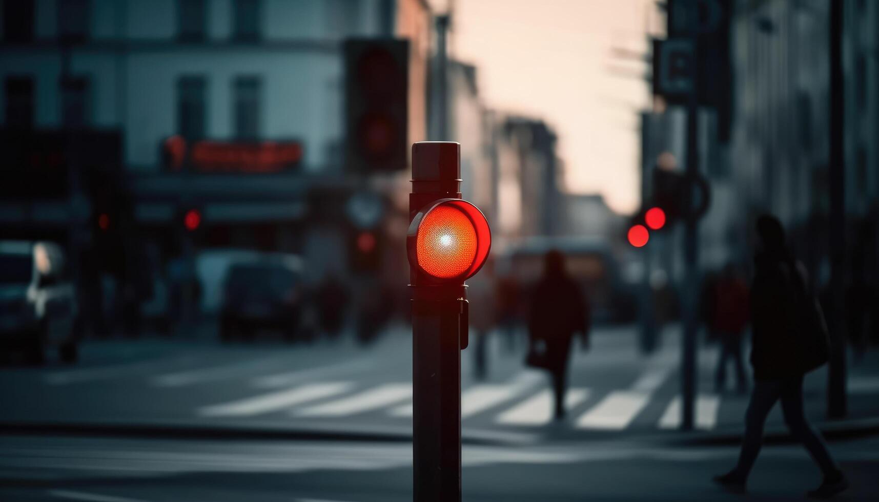 ciudad peatonal cruce con un rojo luz, desenfocado y borroso calle antecedentes. generativo ai foto