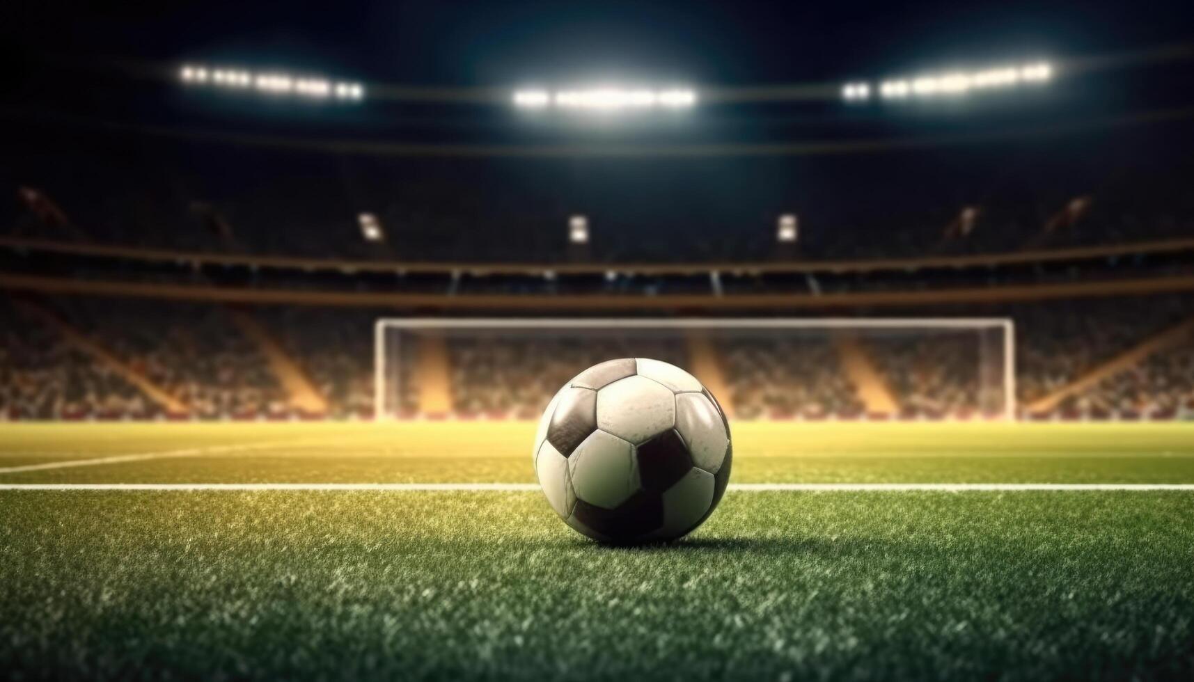 Soccer ball standing in the middle of the soccer field under the evening spotlights. photo