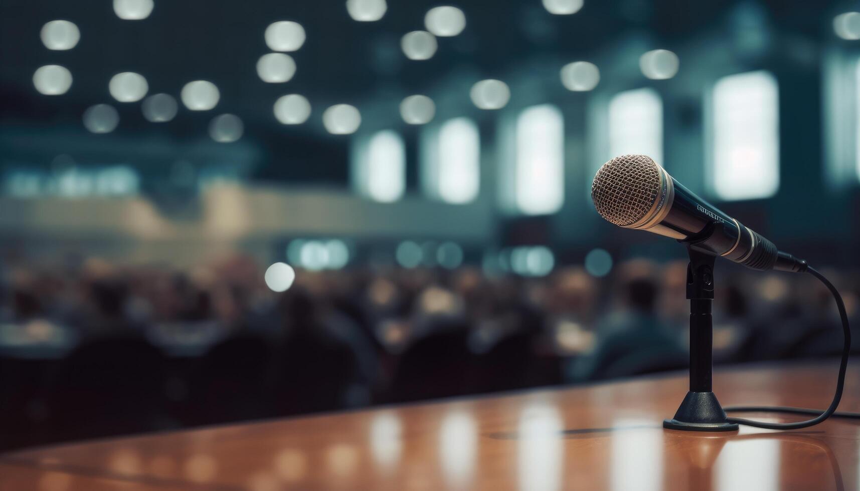 Microphone over the Abstract blurred photo of conference hall. Business meeting and education concept.