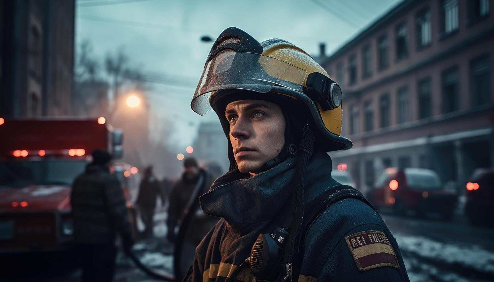 Firefighter standing in a dangerous city. photo