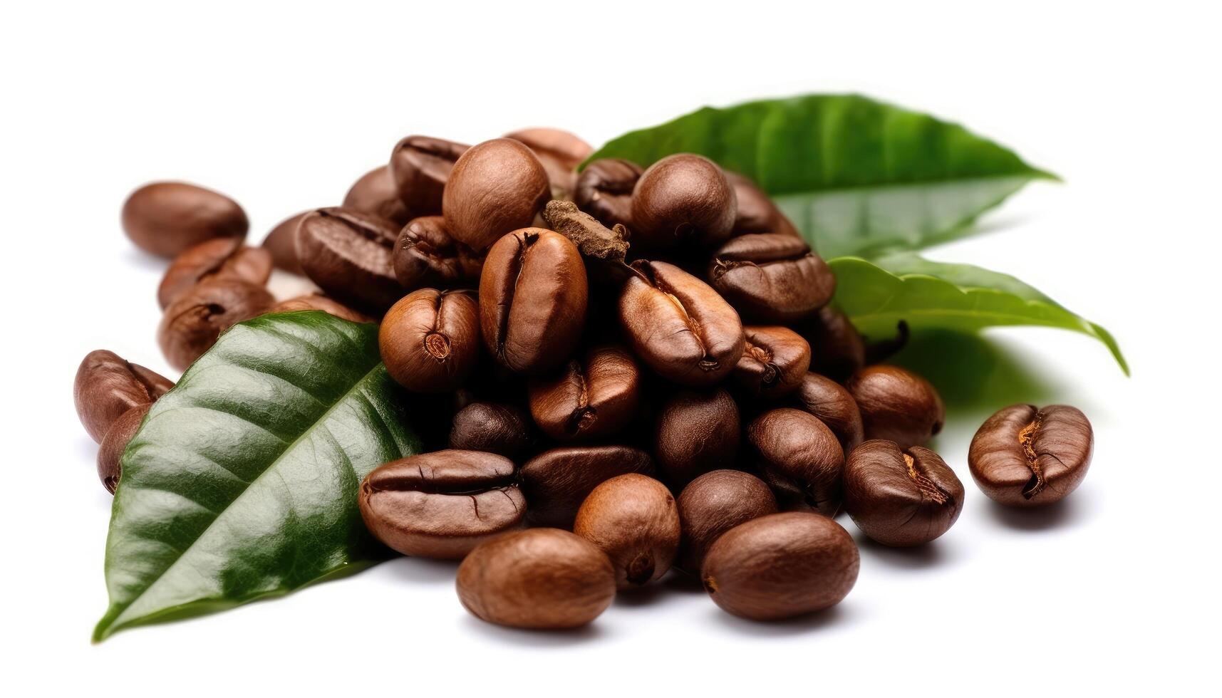 Photo close-up roasted coffee beans with fresh leaves isolated on white background.