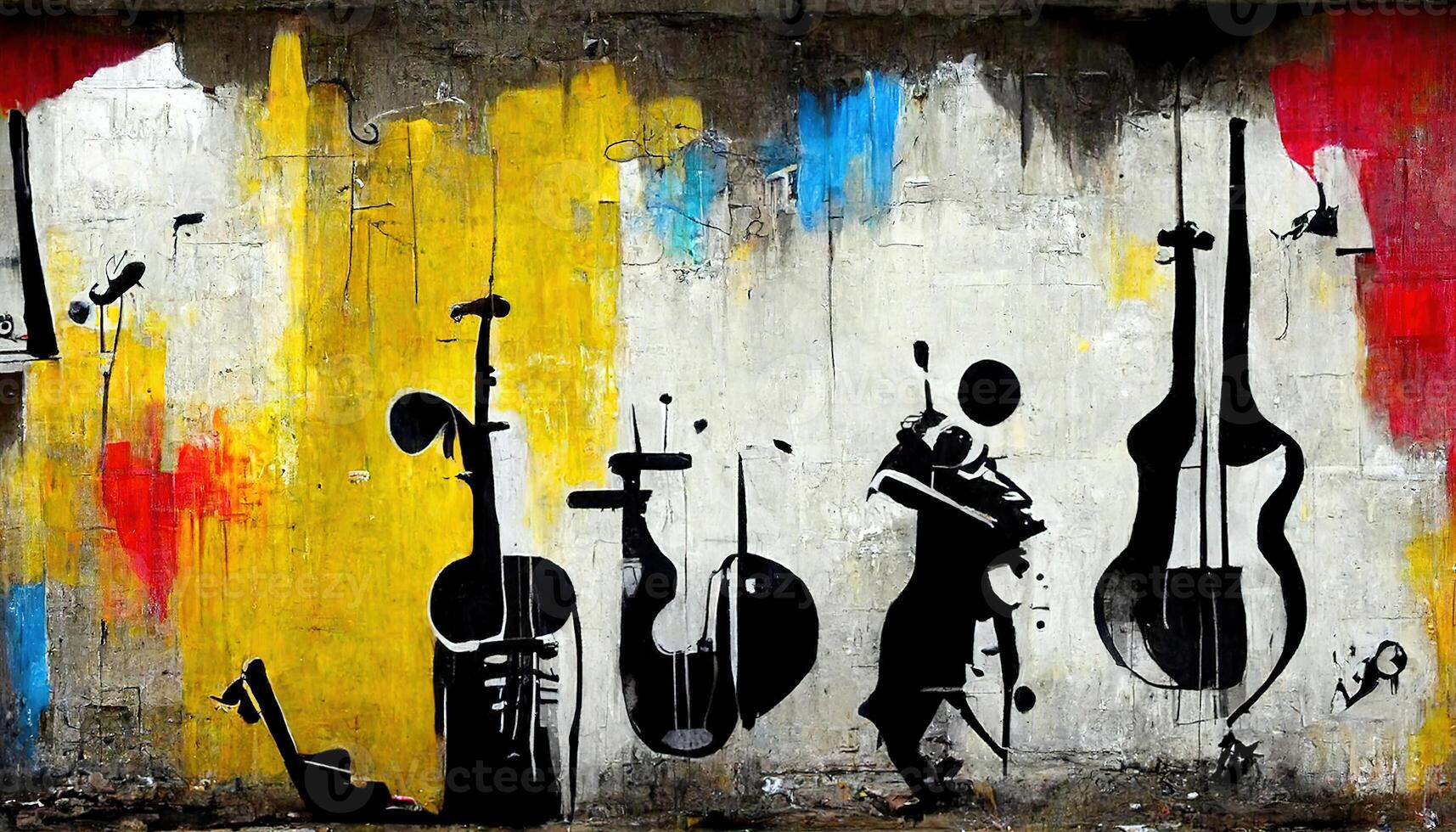 , Street art with keys and musical instruments silhouettes. Ink graffiti art on a textured paper vintage background, inspired by Banksy photo