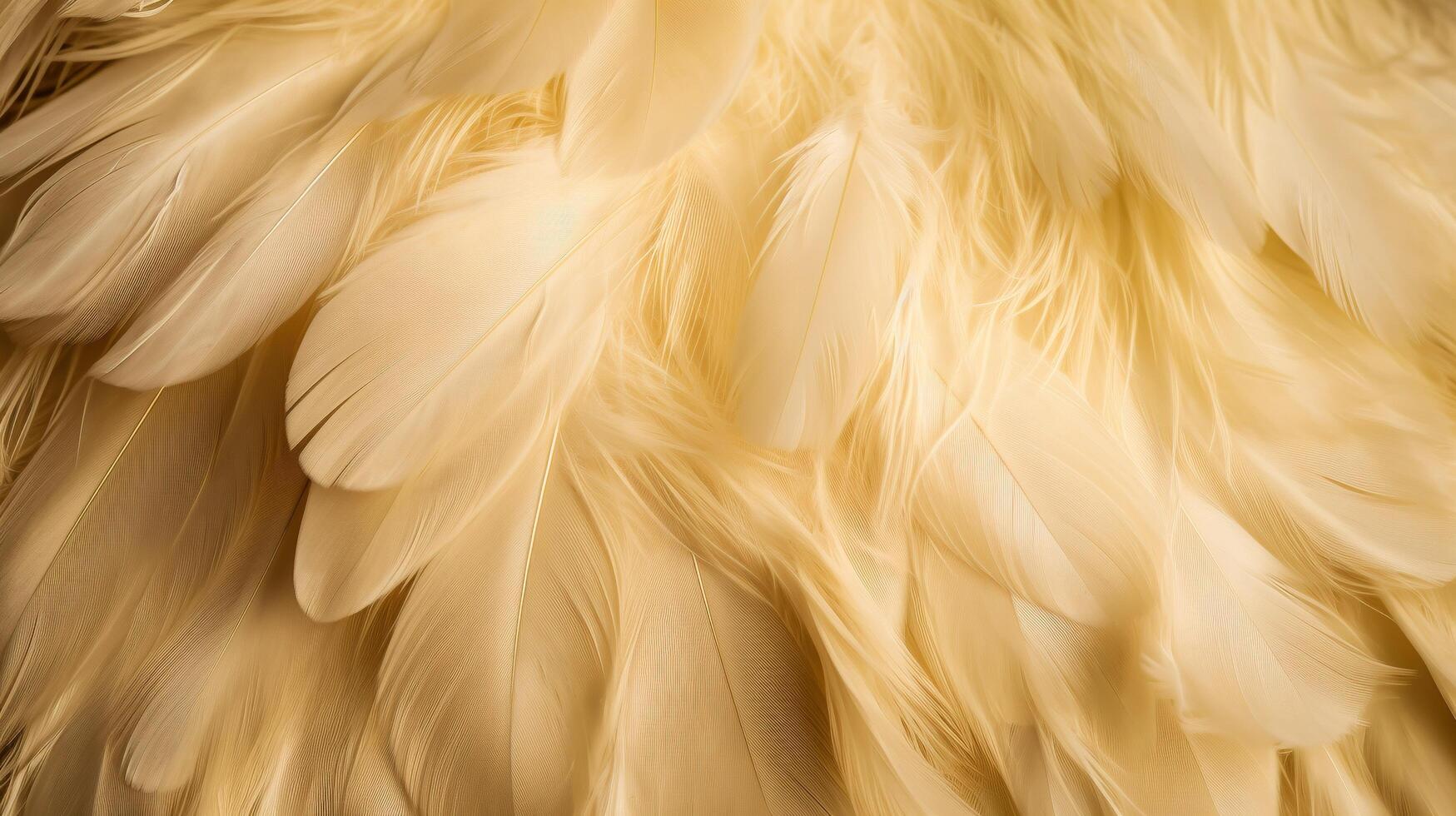 , Beautiful light yellow closeup feathers, photorealistic background. Small fluffy yellow feathers randomly scattered forming photo