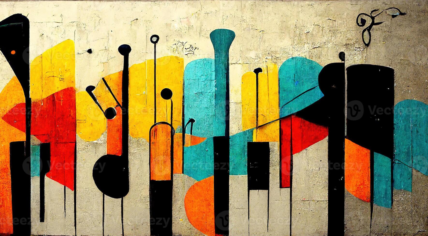 , Street art with keys and musical instruments silhouettes. Ink colorful graffiti art on a textured paper vintage background, inspired by Banksy photo