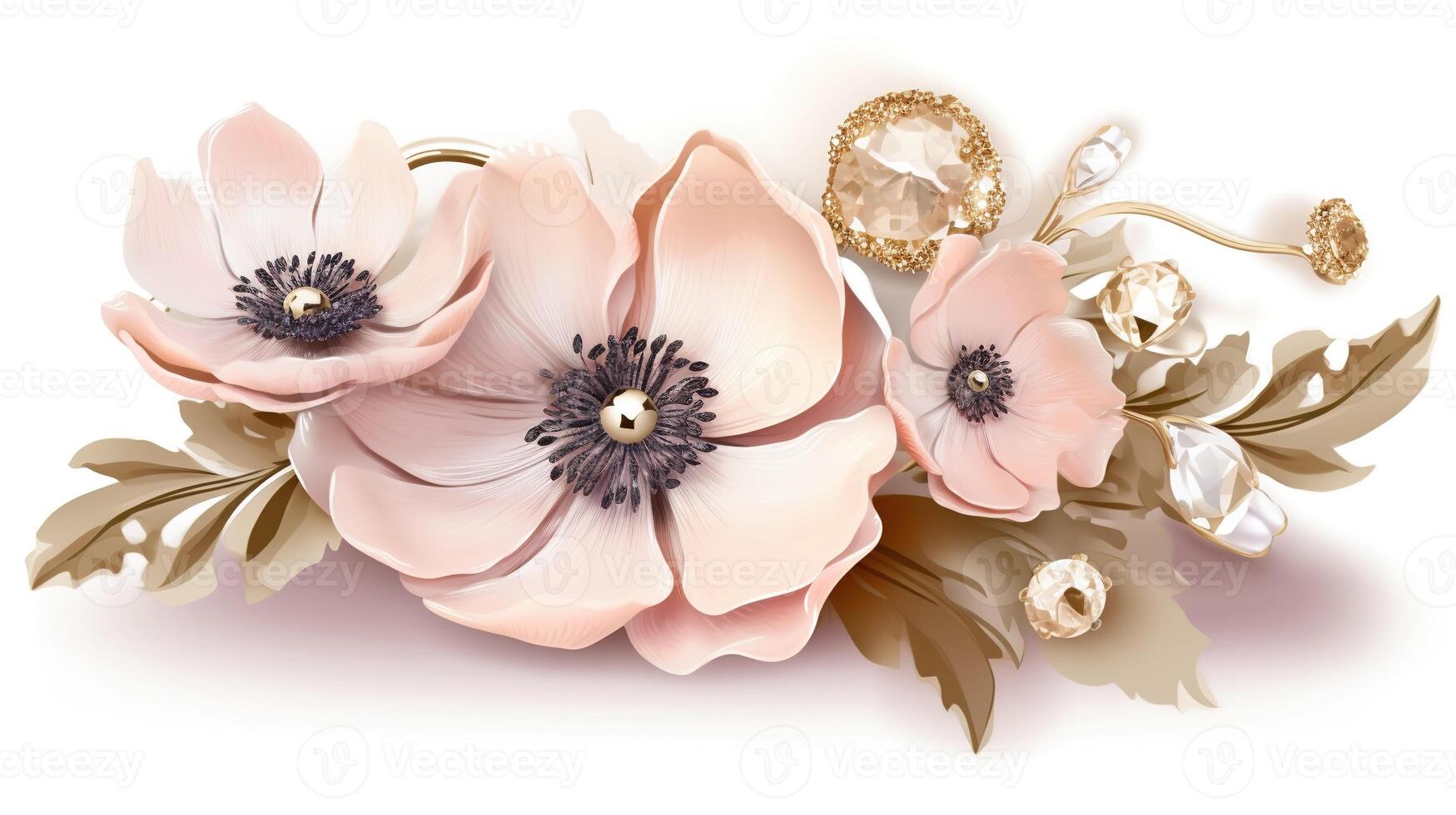 , beautiful light pink flowers brooch, opal stone and golden color palette isolated on white background. Bijouterie, jewelry close up photo