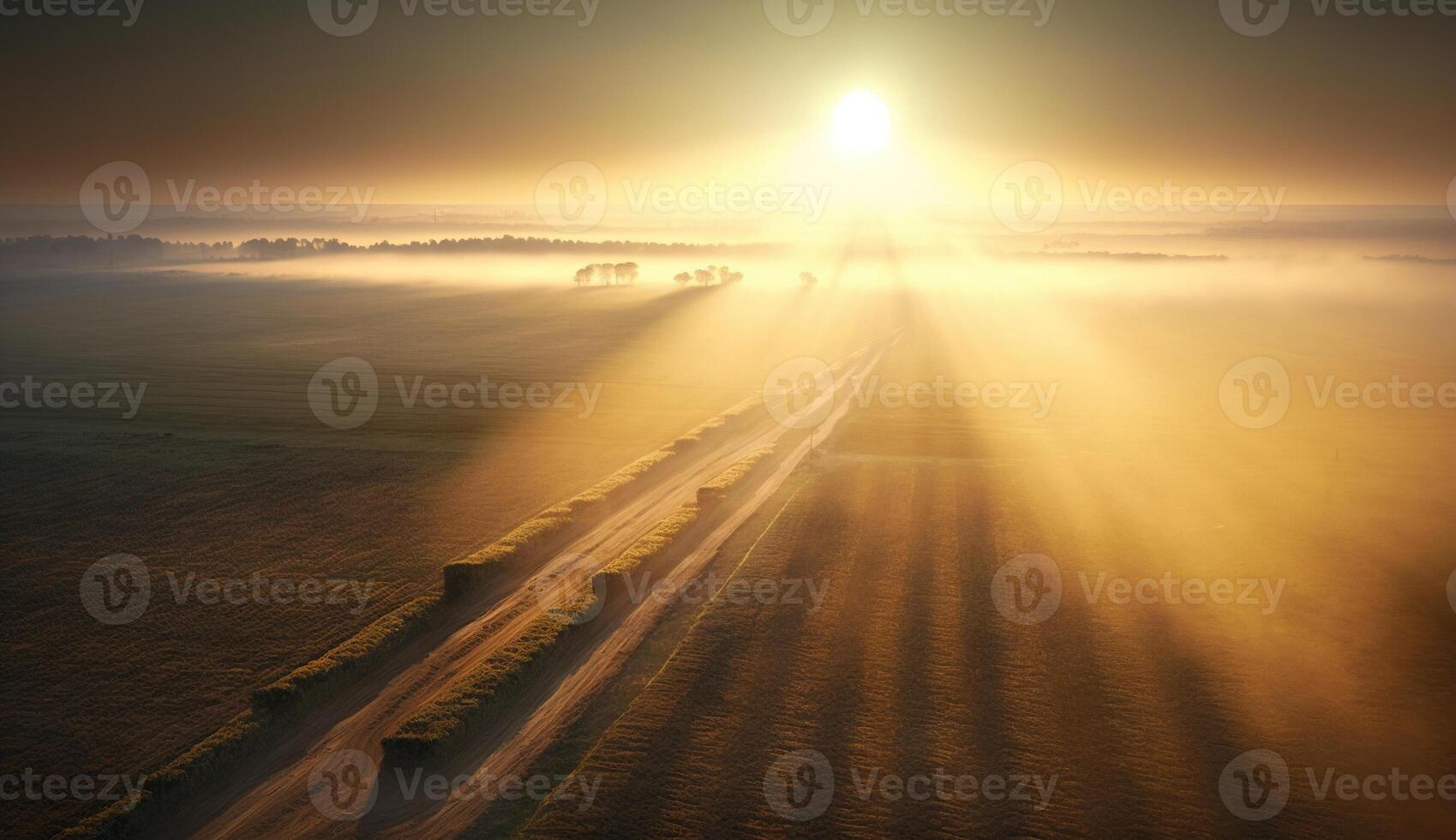 , Morning farm landscape with sun, agricultural fields in fog, beautiful countryside, country road. Nature Illustration, photorealistic top view drone, horizontal banner. photo