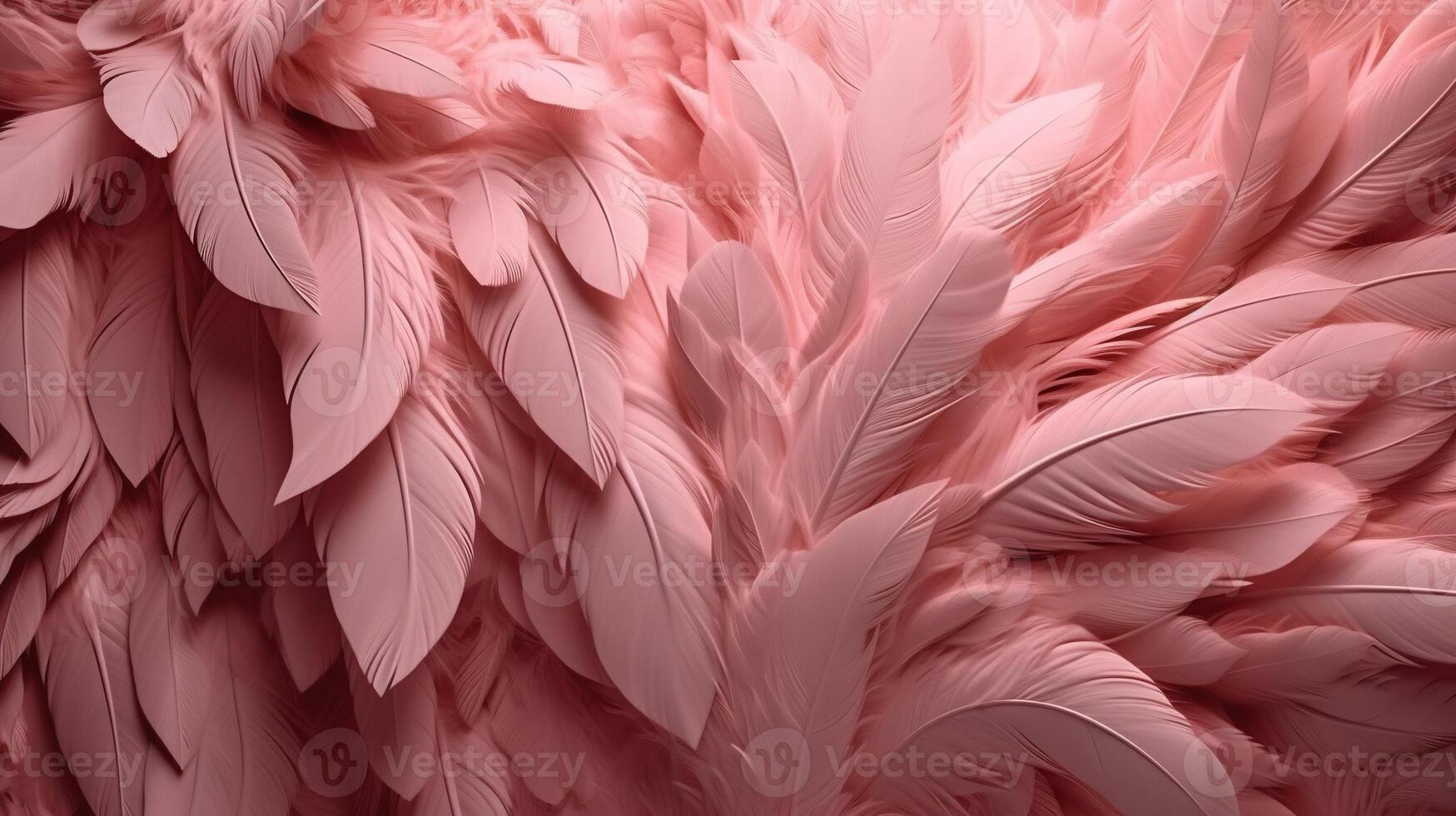 , Beautiful light pink closeup feathers, photorealistic background. Small fluffy pink feathers randomly scattered forming photo