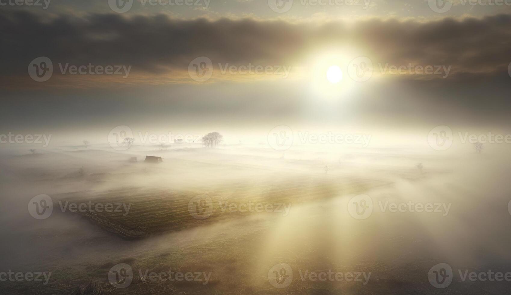 , Morning farm landscape with sun, agricultural fields in fog, beautiful countryside, country road. Nature Illustration, photorealistic top view drone, horizontal banner. photo