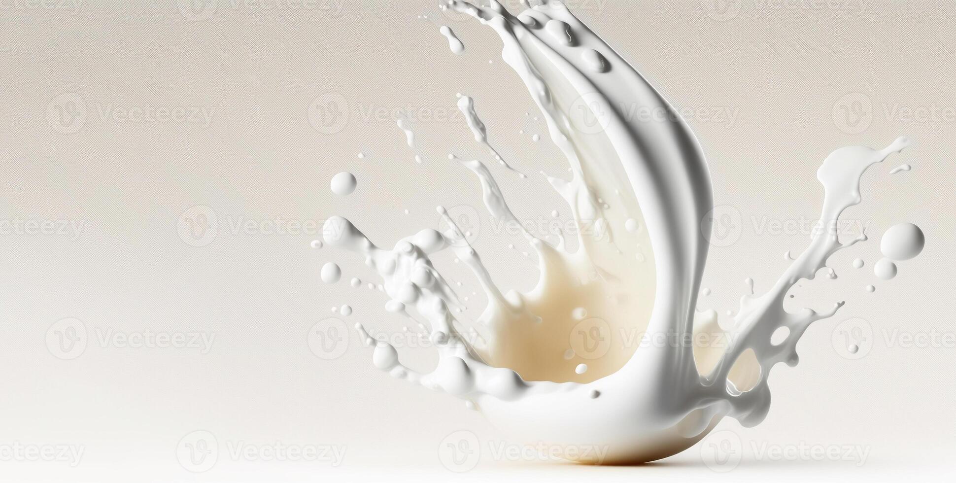 , Flowing liquid with splashes in white color. Glossy cream milk fluid banner, 3D effect, modern macro photorealistic abstract background illustration. photo