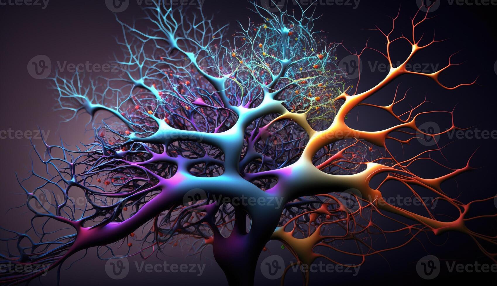 , Conceptual illustration of neuron cells with glowing link knots in abstract dark space, high resolution. Human nervous system, neural network photo