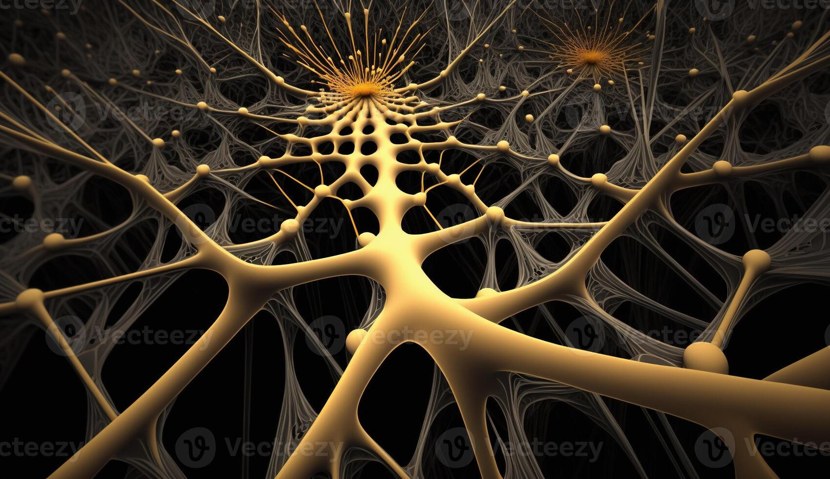 , Conceptual illustration of neuron cells with glowing link knots in abstract dark space, high resolution. Human nervous system, neural network photo